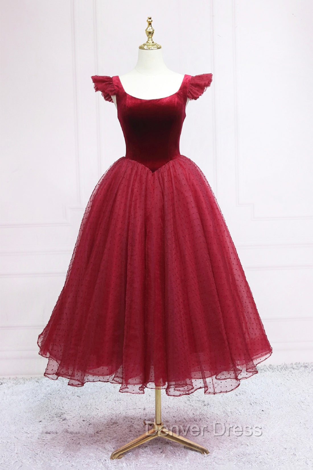 Burgundy Velvet Tulle Tea Length Prom Dresses, Cute A-Line Party Dresses Main image