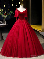 Burgundy Velvet Tulle V-neck Prom Dress