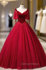 Burgundy Velvet Tulle V-neck Prom Dresses