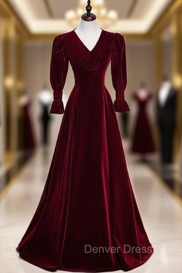 Burgundy Velvet V-neck Long Sleeve Button Prom Dresses Main image