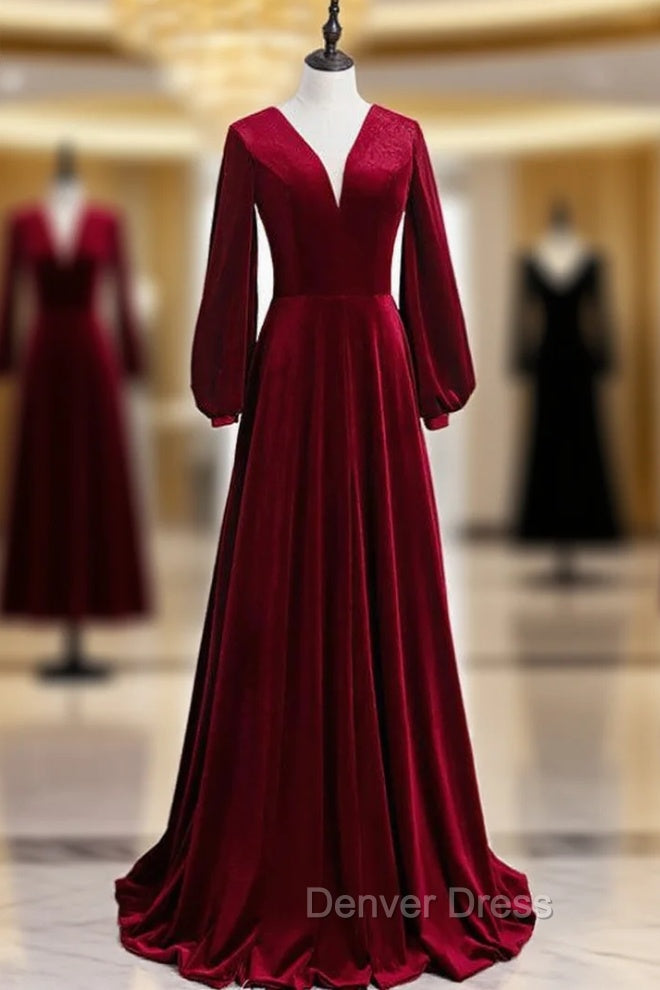 Burgundy Velvet V Neck Long Sleeve Long Prom Dresses