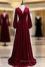 Burgundy Velvet V Neck Long Sleeve Long Prom Dresses