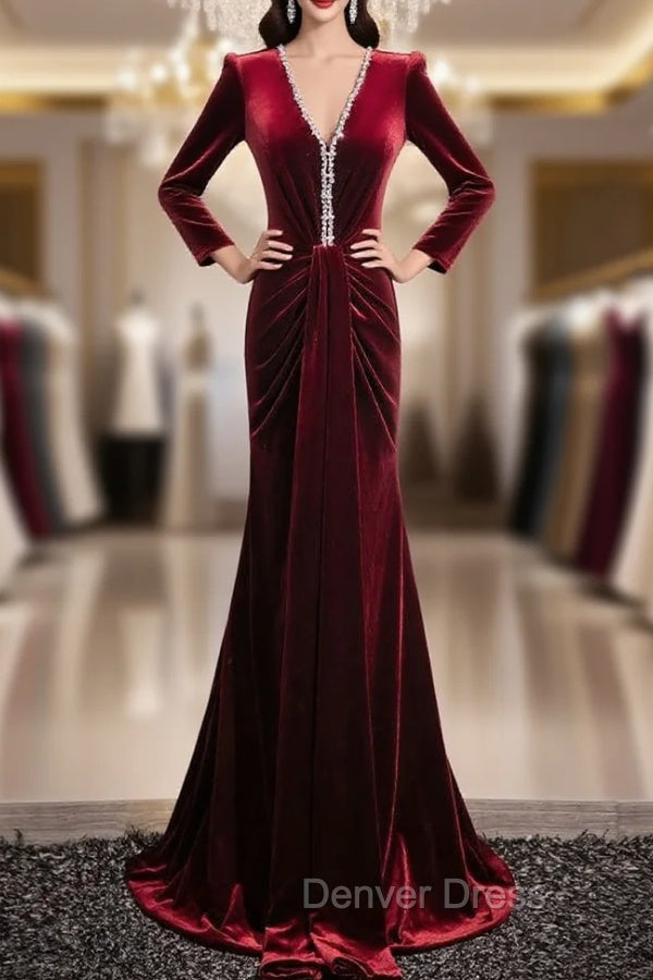 Burgundy Velvet V-neck Long Sleeve Prom Dresses