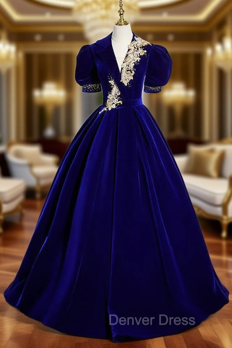 Burgundy Velvet V Neck Puff Sleeve Appliques Prom Dresses