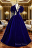 Burgundy Velvet V Neck Puff Sleeve Appliques Prom Dresses