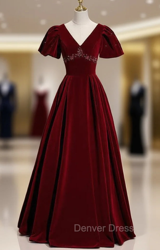 Burgundy Velvet V-neck Puff Sleeve Beading Prom Dresses Main image