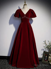 Burgundy Velvet V-neck Puff Sleeve Beading Prom Dress