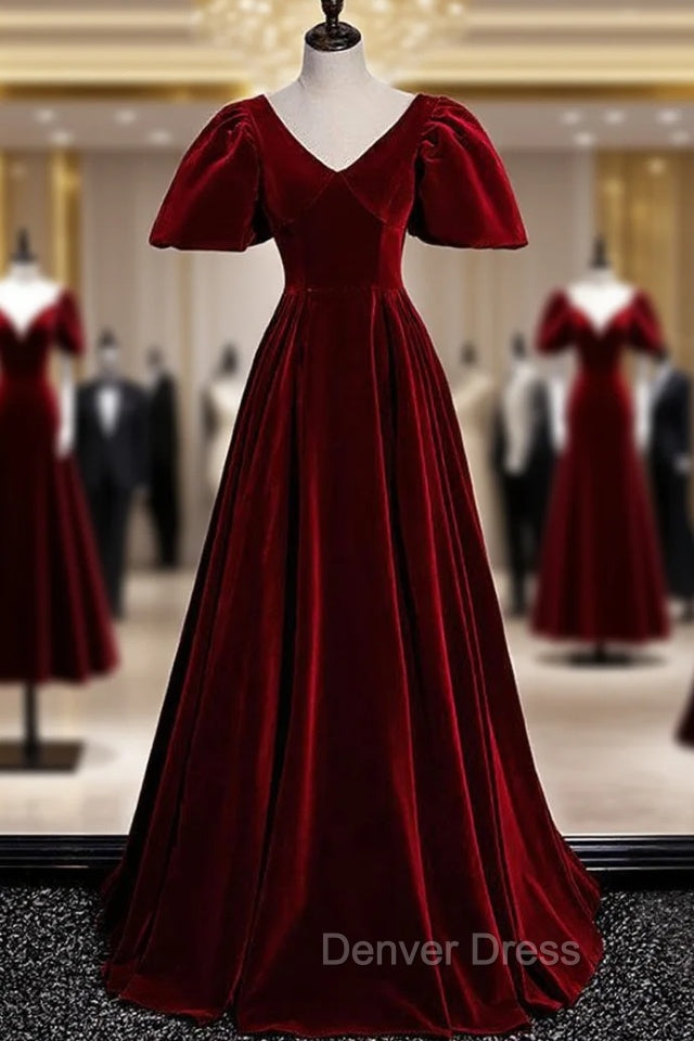 Burgundy Velvet V-neck Puff Sleeve Prom Dresses