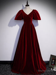 Burgundy Velvet V-neck Puff Sleeve Prom Dress