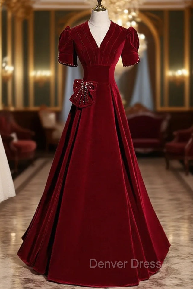 Burgundy Velvet V Neck Short Sleeve Prom Dresses