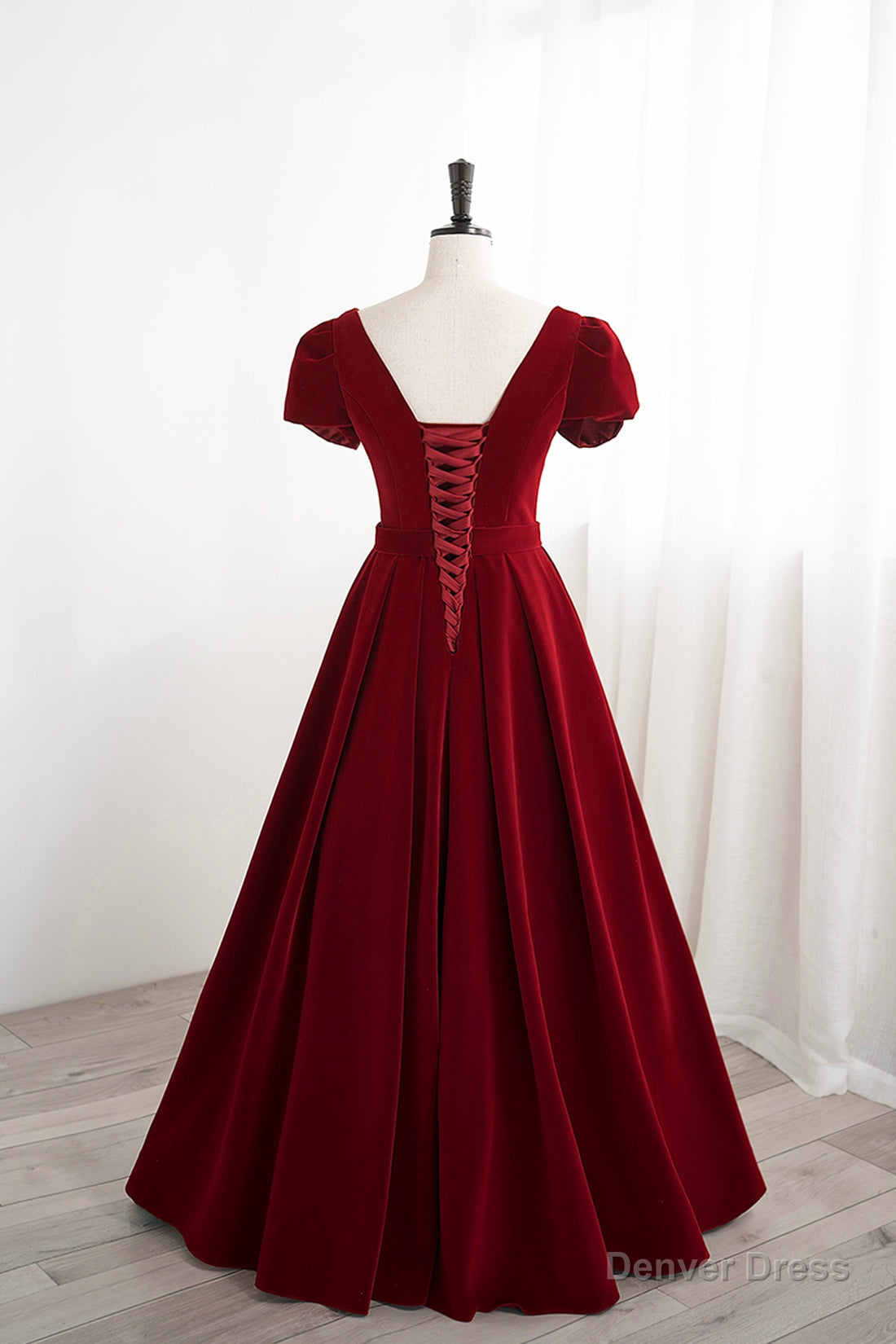 Burgundy Velvet Velvet Long Prom Dress, Cute Short Sleeve Party Dress Main image
