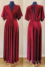 Burgundy Velvet Winter Prom Dress V-Neck Long Bridesmaid Dresses