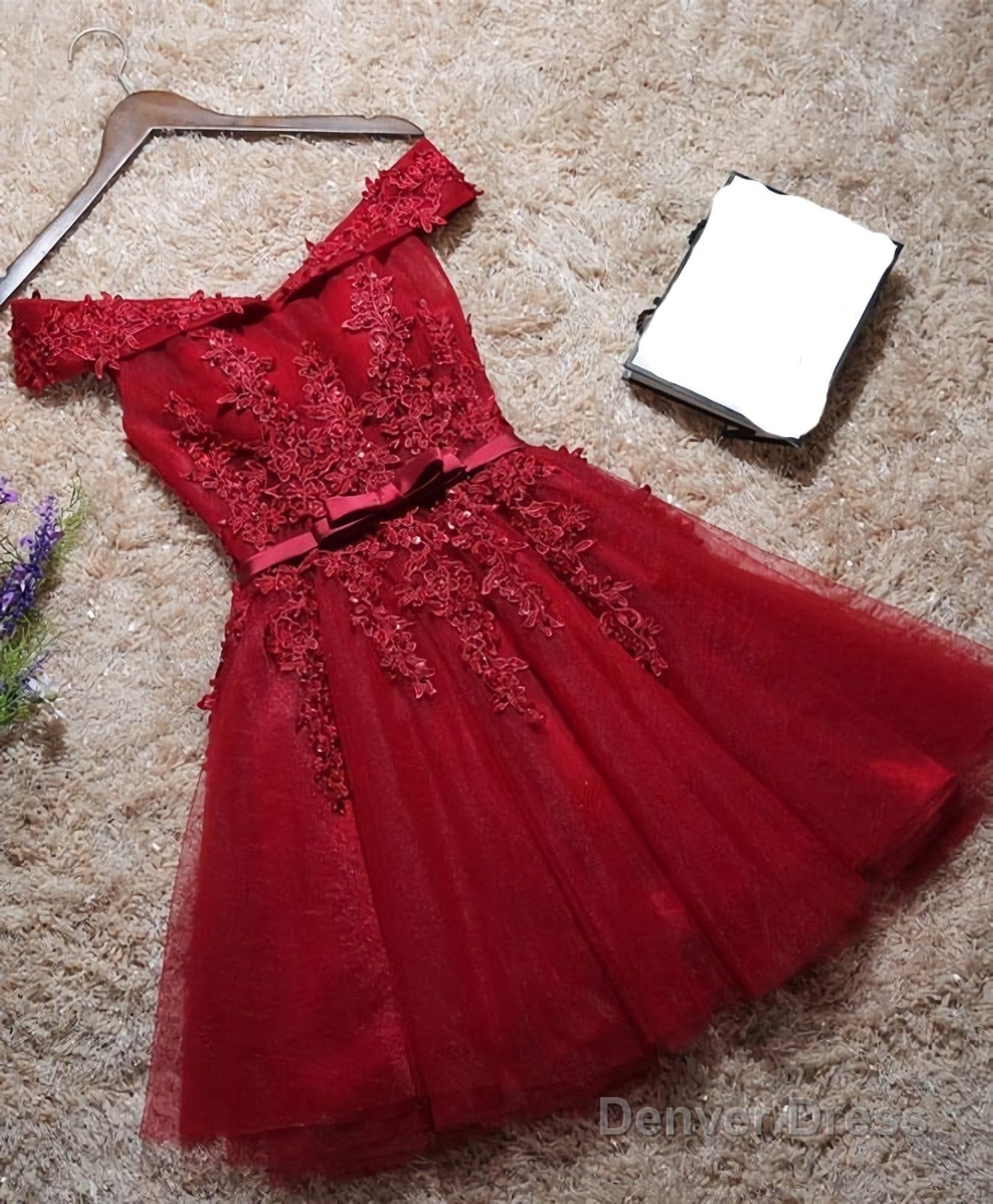 Burgundy Lace Off Shoulder Short Prom Dress, Lace Evening Dress Main image