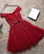 Burgundy Lace Off Shoulder Short Prom Dress, Lace Prom Dresses