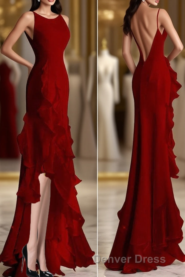 Simple Mermaid Prom Gown With Ruffles, Spaghetti Straps Backless Dresses For Date Main image