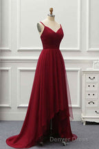 A Line High Low Tulle Prom Dresses with Train, Burgundy V Neck Backless Formal Dresses