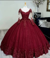 Glitter Long Sleeve Princess Wine Quinceanera Dresses Embellished Sweet 16 Dress