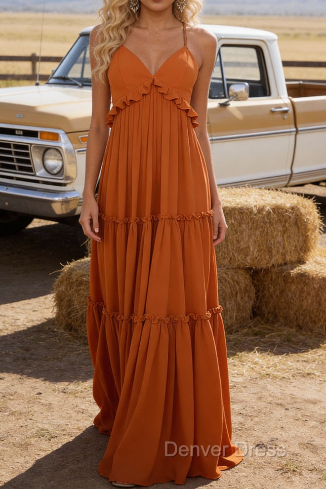 Burnt Orange A-line V Neck Sleeveless Floor-Length Chiffon Prom Dress Long Prom Dresses Backless with Pleated Ruffles Secondary image