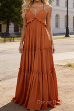 Burnt Orange A-line V Neck Sleeveless Floor-Length Chiffon Prom Dress Long Prom Dresses Backless with Pleated Ruffles