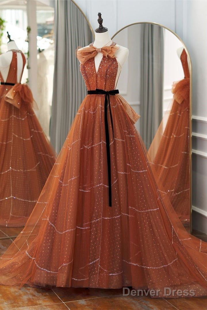 Burnt Orange Crew Neck A Line Prom Dresses With Sash