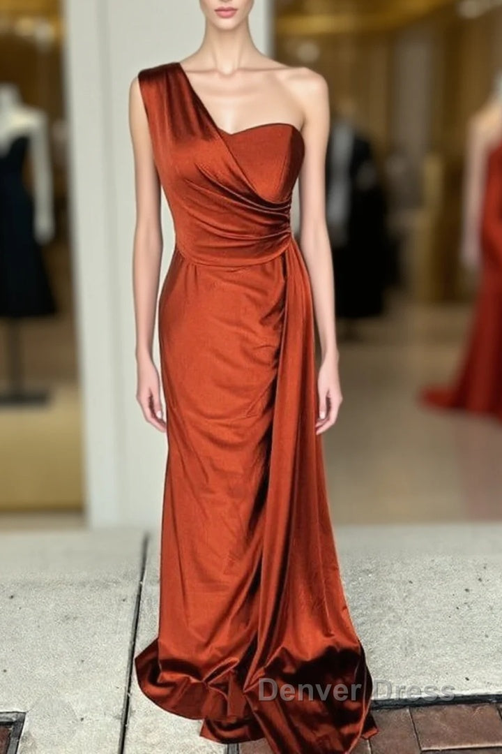 Burnt Orange Satin Bridesmaid Dresses One Shoulder Main image