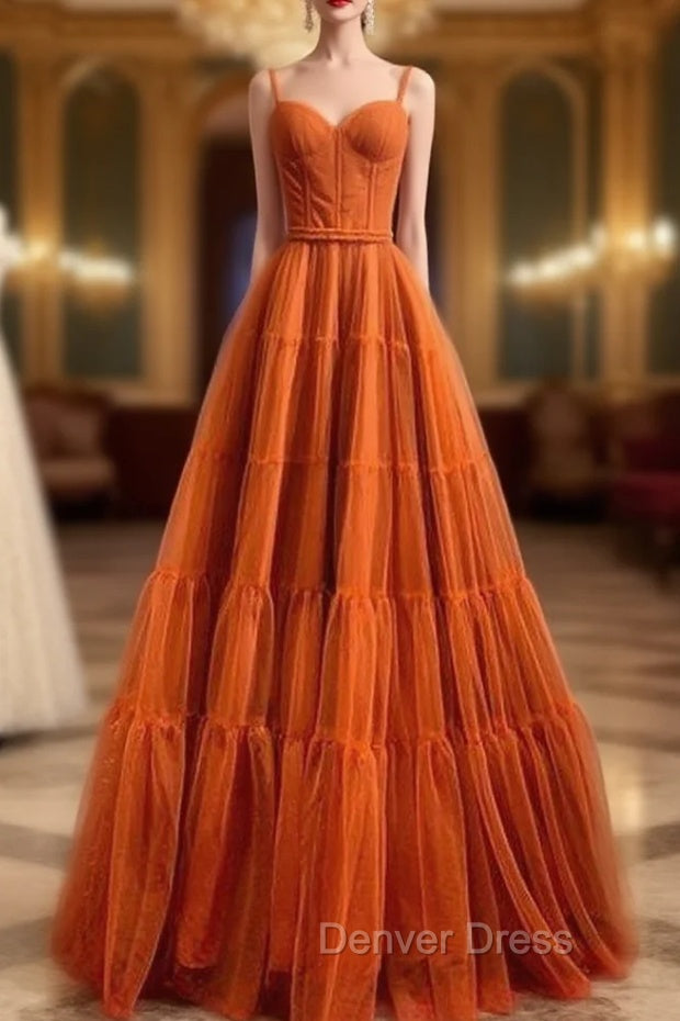 Burnt Orange Straps Tulle A-Line Long Prom Gown Formal Dresses Main image