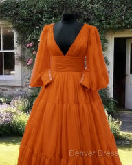 Burnt Orange Tulle V-Neck Ball Gown Dresses