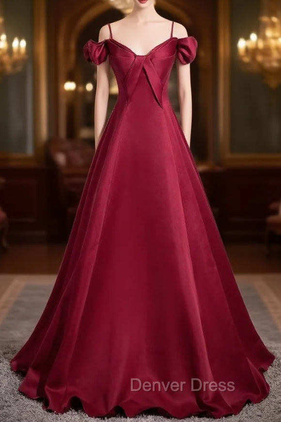 Burugndy Satin Spaghetti Straps Prom Dresses Main image