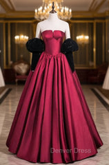 Burugndy Satin Strapless Black Velvet Long Sleeve Prom Dresses