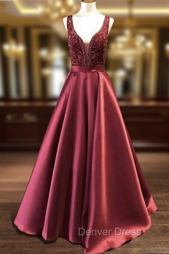 Burugndy Satin V-neck Beading Prom Dresses Main image