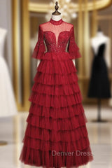 Burugndy Tulle High Neck Backless Beading Prom Dresses