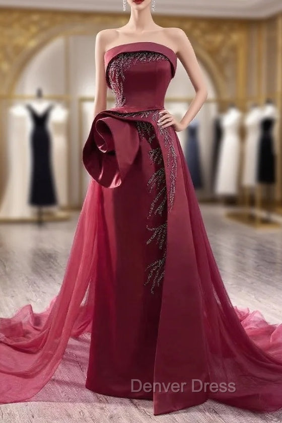 Burugndy Tulle Strapless Sequins Beading Prom Dresses