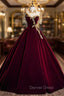 Burugndy Velvet High Neck Short Sleeve Beading Prom Dresses