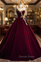 Burugndy Velvet High Neck Short Sleeve Beading Prom Dresses