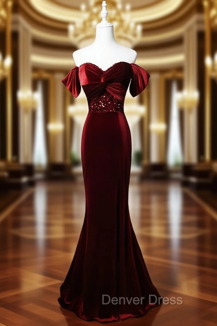 Burungdy Mermaid Sequins Velvet Prom Dresses