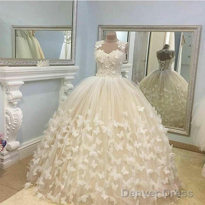 Butterfly Wedding Dresses Ball Gown Lace Cap Sleeves
