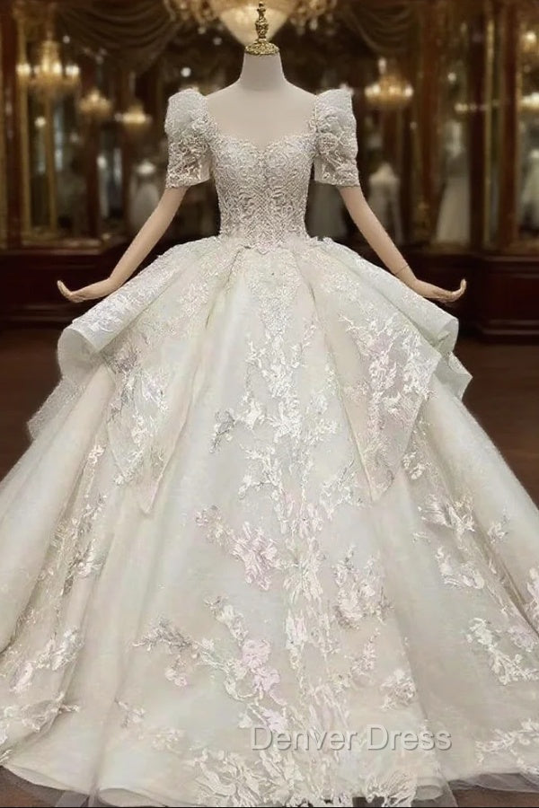 Buy More, Save More Ivory White Ball Gown Tulle Lace Short Sleeve Appliques Beading Wedding Dresses