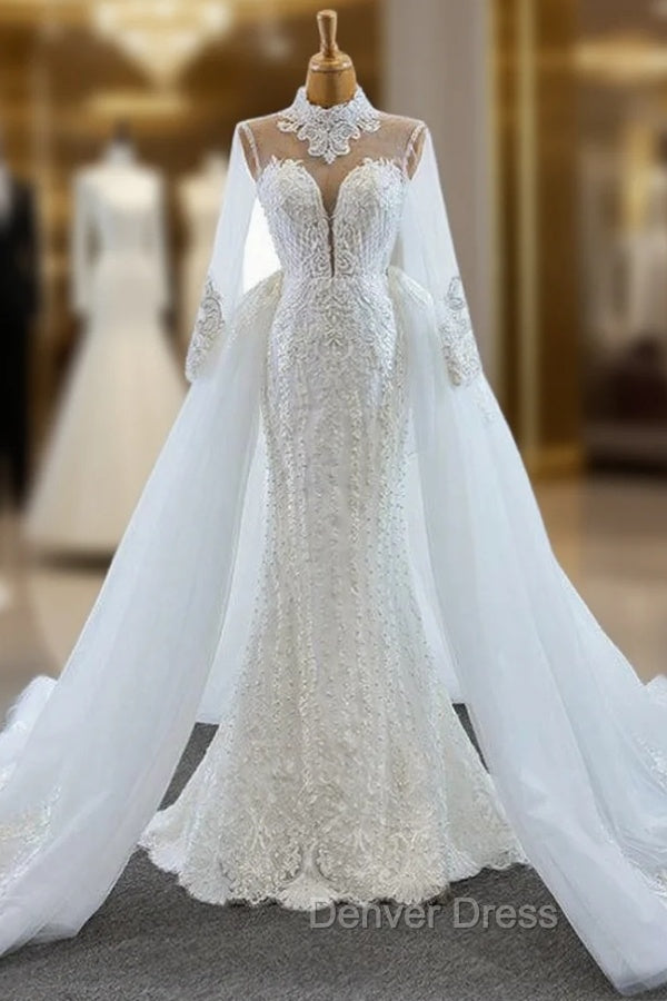 Buy More, Save More White Mrmaid Tulle High Neck Long Sleeve Pearls Wedding Dresses With Removable Train Main image
