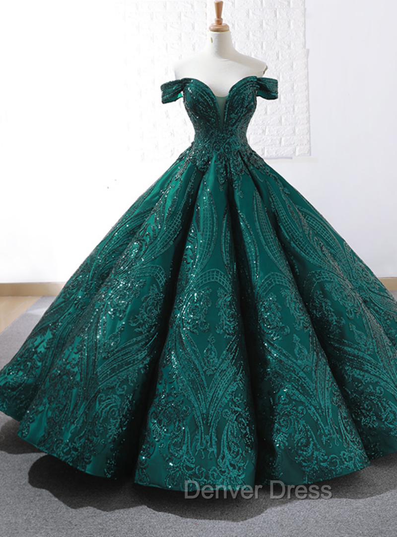 Buy The Newest Dark Green Sequins Ball Gown Off The Shoulder Prom Dresses Main image