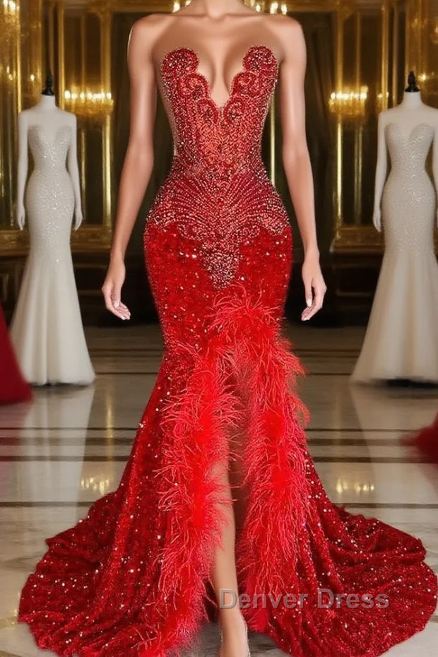 Mermaid Prom Dresses with Sequins Sleeveless Split Beadings and Feather Embellishments