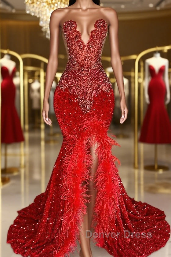 Red Sleeveless Sequins Mermaid Prom Dresses with Front Slit Beadings and Feathers Main image