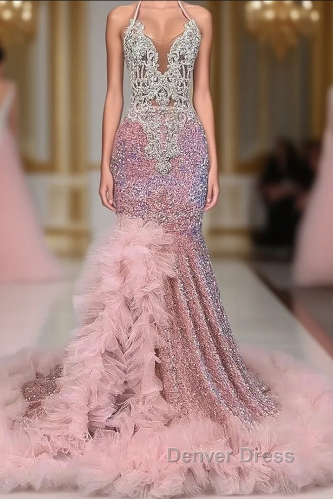 Pink Halter Mermaid Prom Dresses with Sequins Beadings and Tulle Ruffle Main image