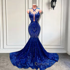 Sequins Royal Blue Sleeveless Mermaid Prom Dresses
