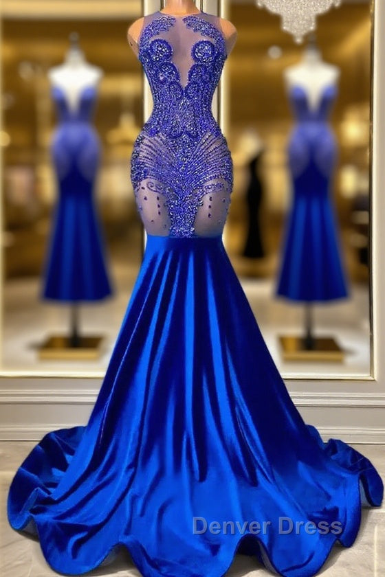 Sleeveless Royal Blue Scoop Neck Mermaid Prom Dresses with Beadings