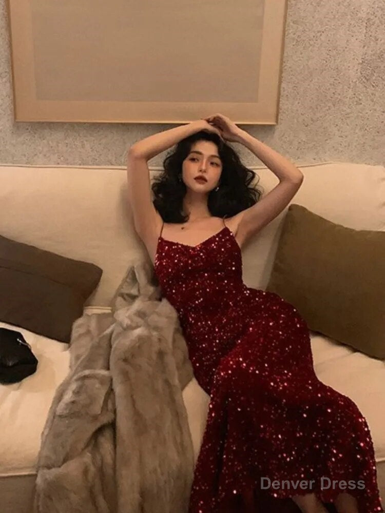Red Women Sexy Sequin Strap Dress Spring Summer Elegant Vintage Prom Club Dresses Fashion One Piece Clothes