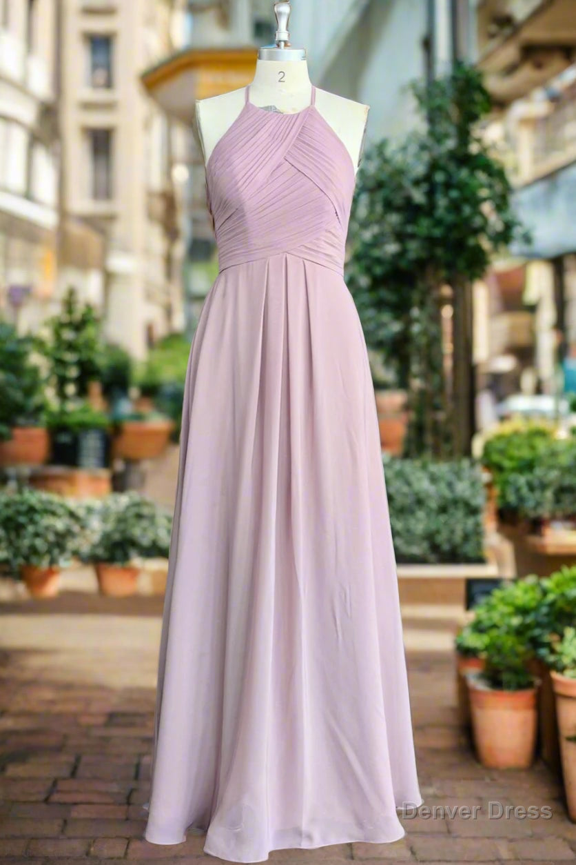 Candy Pink A Line Halter Sleeveless Pleated Floor Length Chiffon Bridesmaid Dresses Secondary image