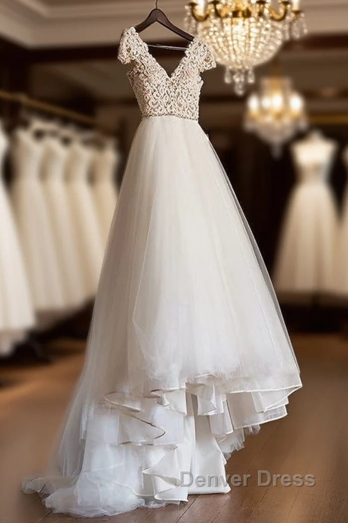 Cap Sleeve Appliques Lace Tulle Wedding Dresses, Formal Bridal Gowns Prom Dresses Main image