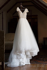 Cap Sleeve Appliques Lace Tulle Wedding Dress, Formal Bridal Gowns Prom Dress