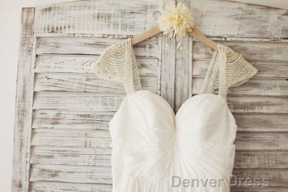 Cap Sleeve Floor Length Chiffon Pleated Wedding Dresses With Beading