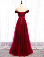 Cap Sleeve Red Sparkly Tulle Long Cheap Prom Dresses